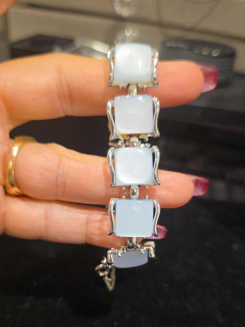 Coro Silver-Tone Bracelet with White Glass Cabochons
